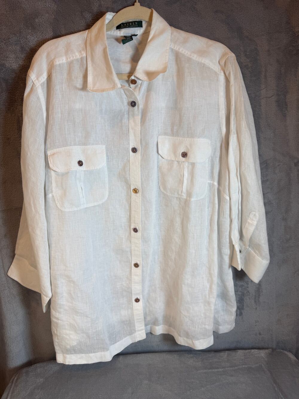 Lauren Ralph Lauren 2X White 100% Linen Button Down Utility Shirt Blouse